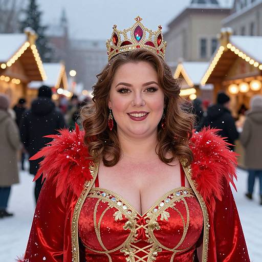 Photograph of a smiling, curvy woman with fair skin, brown wavy hair, wearing a red velvet dress with gold embroidery, red feather trim