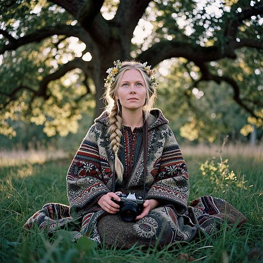Photograph of a blonde woman with braided hair, wearing a colorful patterned shawl and crown of flowers, sitting on grass in front of a