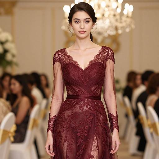 Photograph of a slender woman with dark hair in a red lace dress with sheer sleeves, walking down a well-lit, elegant event hall with blurred