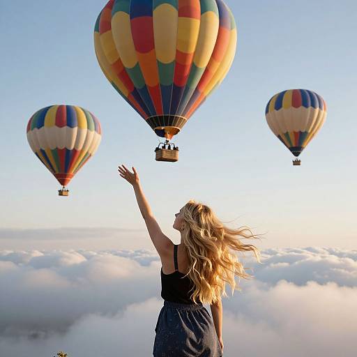Photograph of a blonde woman in a black dress, raising her arm, surrounded by three colorful hot air balloons above fluffy clouds.