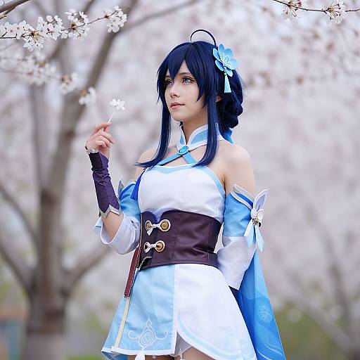 Photograph of a young Asian woman cosplaying a blue and white anime character with black hair, holding a white flower, standing in a cherry blossom tree