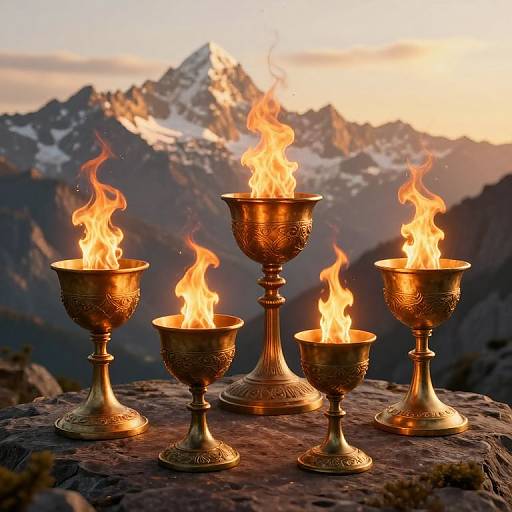 Photograph of four ornate, gold chalices with flames, set against a sunlit, snow-capped mountain range in the background.