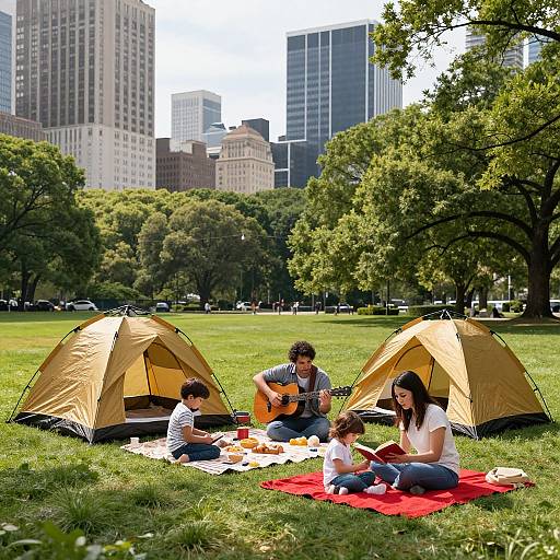 Photograph of four people, two men and two women, camping in a city park with two yellow tents, eating picnic food, surrounded by tall buildings
