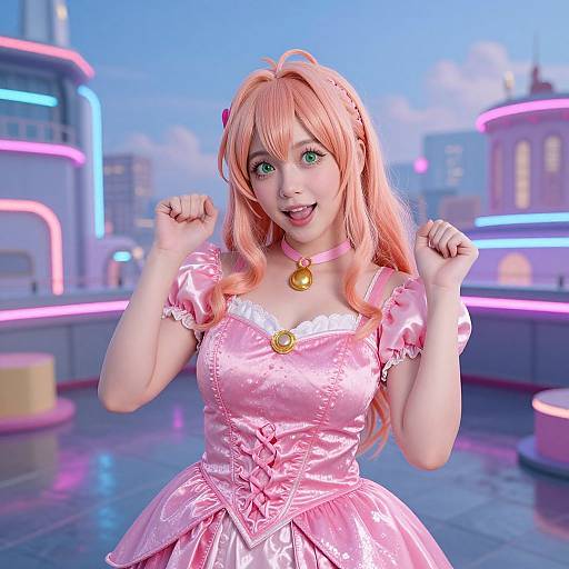 CGI image of a cute anime-style girl with pink hair, green eyes, wearing a pink satin dress with a gold bell choker, posing play