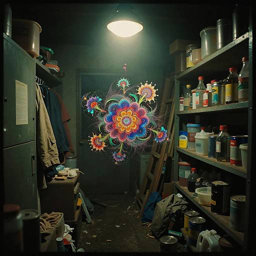 Photograph of a dimly-lit, cluttered storage room with colorful, glowing floral mandala hanging from the ceiling, surrounded by shelves of assorted