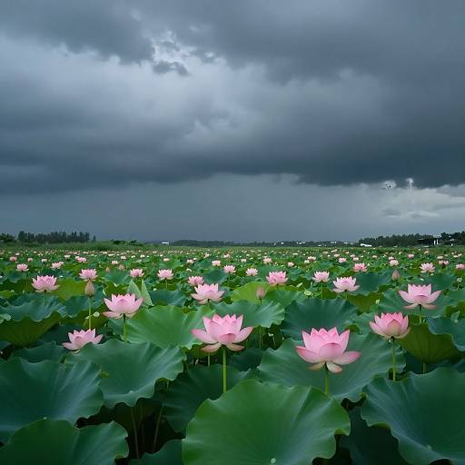 Photograph of a vast lotus field with pink lotus flowers under a dramatic, cloudy sky. Dark clouds loom overhead, contrasting with the bright