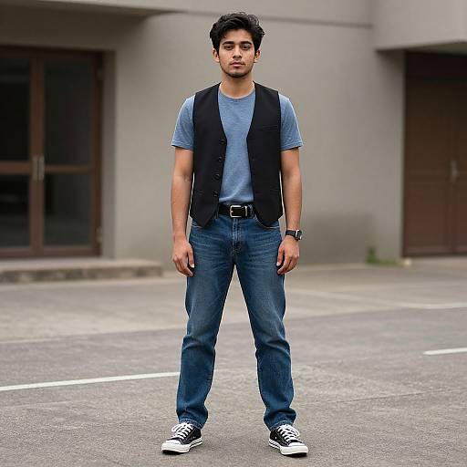 Photograph of a young man with short black hair, wearing a blue t-shirt, black vest, blue jeans, and black-and-white sneakers, standing