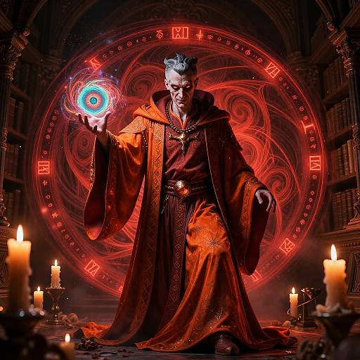 Magical sorcerer with pale face, red robes, and intricate gold trim, conjures a glowing blue orb in a dimly lit, candle-l