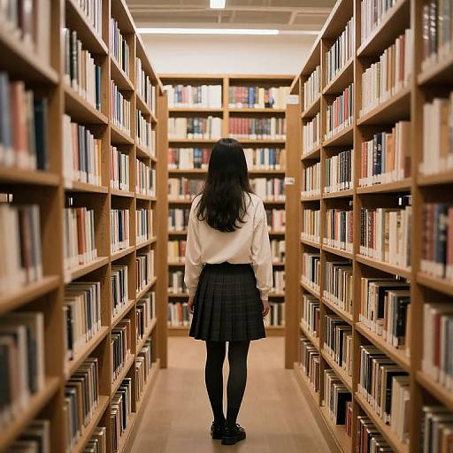Photograph of a young woman with long black hair, white blouse, and black skirt, standing in a library aisle, facing away, surrounded by wooden
