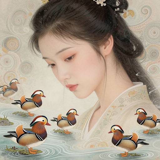 Digital artwork of a serene Asian woman with fair skin and black hair, surrounded by colorful ducks in a watery, swirling background.