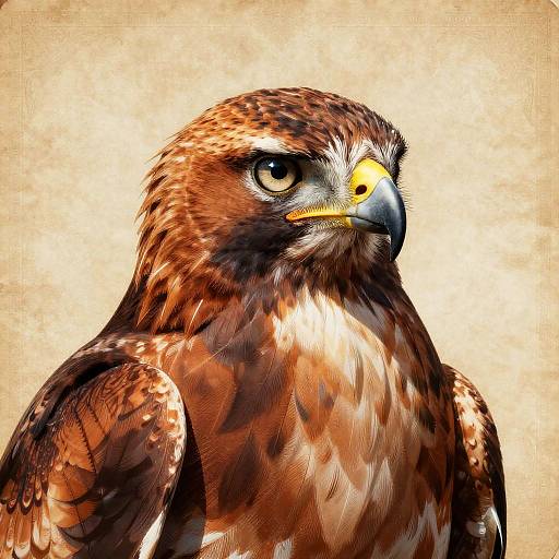 Close-up digital painting of a majestic red-tailed hawk with intense brown and white feathers, sharp yellow beak, and piercing eyes against a beige textured