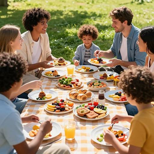 Photograph of diverse, mixed-gender family enjoying a sunny outdoor picnic with colorful food, drinks, and laughter on a checkered tablecloth.