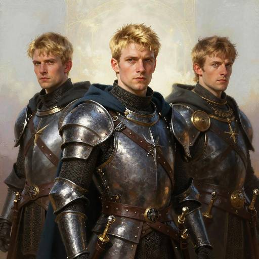 Digital artwork of three blonde, blue-eyed medieval knights in shiny silver armor, standing side by side, with a glowing halo-like background.
