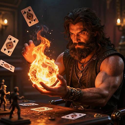 Muscular, bearded man with long black hair conjures fire over a poker table, with floating cards and miniature figurines. Dark, dramatic lighting