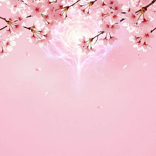 Digital illustration of cherry blossoms with pink petals and brown branches, filling the top and fading into a gradient pink background.