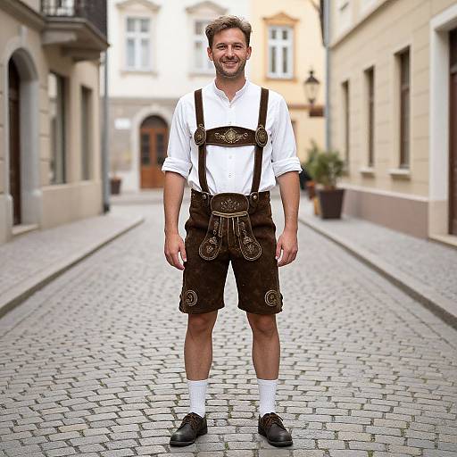 Photograph of a smiling man in white shirt and brown Bavarian-style shorts and suspenders, standing on a cobblestone street.