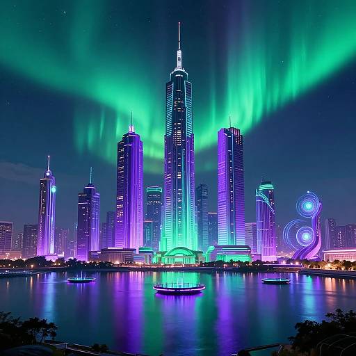 Photograph of a city skyline at night, illuminated by vibrant green and purple auroras, reflecting on a calm waterfront.