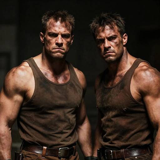 Intense Duo in Torn Brown Suits