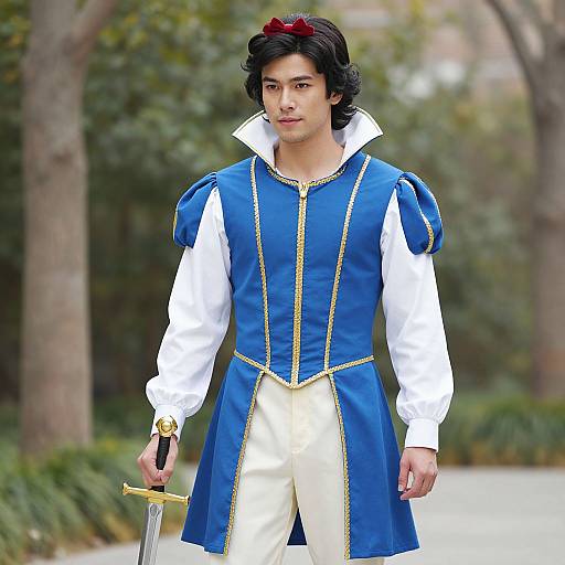 Photograph of a young man with medium skin tone, black wavy hair, wearing a blue and white medieval-style costume with a sword, standing in