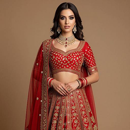 Photograph of a beautiful South Asian woman in a red, gold-embroidered traditional lehenga and dupatta, wearing intricate jewelry, against a