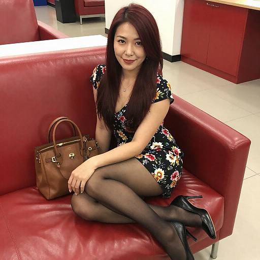 Stylish Asian Woman on Red Couch