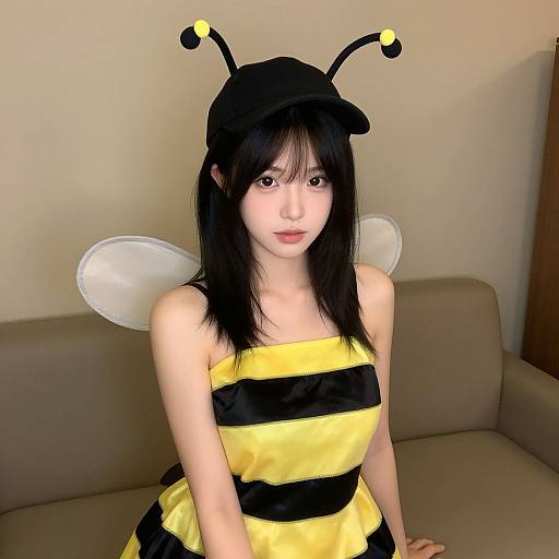 Photograph of an Asian woman with pale skin, black hair, and bangs, wearing a yellow and black striped bee costume with antennae hat and
