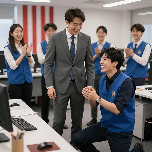 Laughing Colleagues in Festive Office