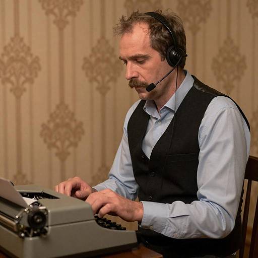 Vintage Typist Wearing Headset and Vest