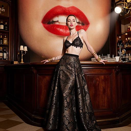 Photograph of a woman in black lace lingerie and skirt, standing in a dimly lit bar, with a large red lip print projection behind her.