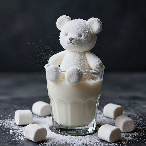 Photograph of a white, sugar-coated teddy bear sitting in a glass of milk, surrounded by scattered sugar cubes, against a dark background.