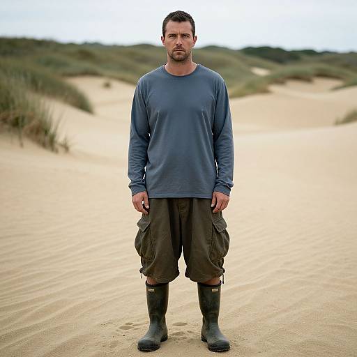 Photograph of a muscular, bearded man with short dark hair, wearing a blue long-sleeve shirt, cargo pants, and black boots,