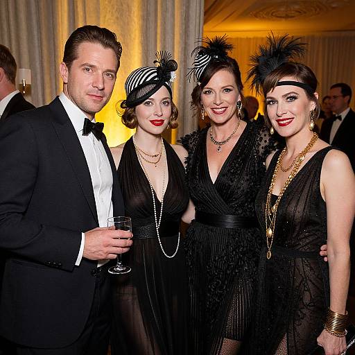 Photograph of four stylishly dressed people in black evening wear with feathered headpieces, standing close together at an elegant event. The man on the
