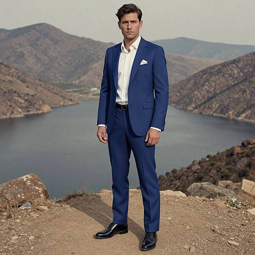 Photograph of a handsome man in a sharp, navy blue suit, white dress shirt, black shoes, standing on a rocky cliff overlooking a serene lake