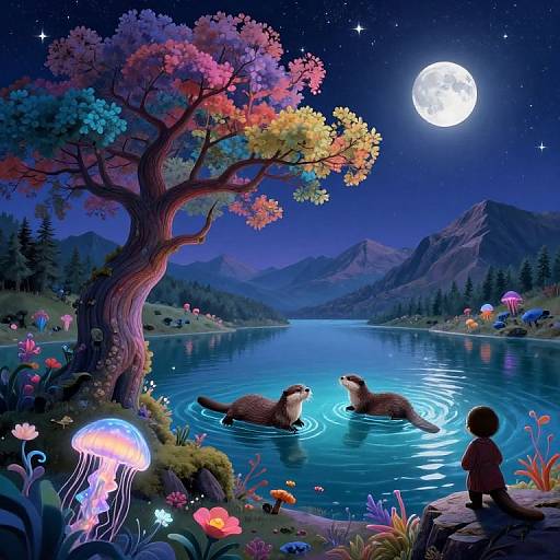 Whimsical nighttime lake scene: colorful tree, full moon, two otters in water, glowing jellyfish, child watching, starry sky,