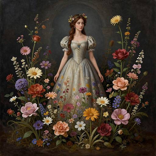 Digital painting of a young woman with long brown hair, wearing a white, puffed-sleeve dress, surrounded by vibrant, colorful flowers, against