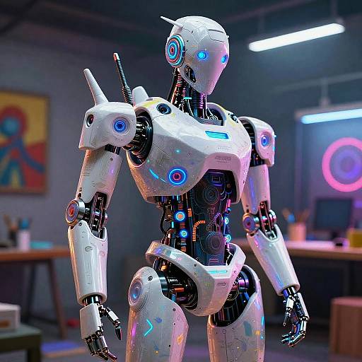 Photorealistic CGI of a futuristic white humanoid robot with blue glowing accents, standing in a dimly lit, modern workspace with desk and computer background.