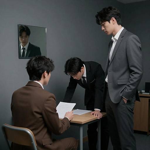 Three Men in Business Suits Discussing Documents