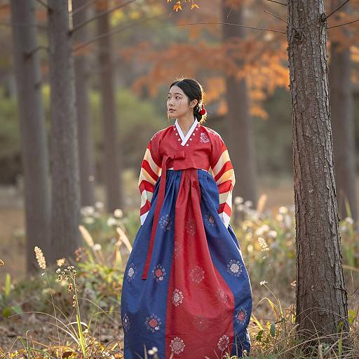 Woman in Traditional Korean Hanbok in Forest