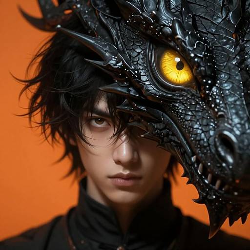 Photorealistic CGI: Young man with messy black hair, wearing a black dragon mask with glowing yellow eye, against vibrant orange background.