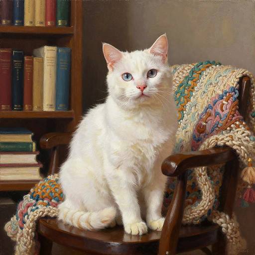 Photograph of a white cat with blue eyes sitting on a wooden chair, surrounded by colorful crocheted blanket and bookshelf.