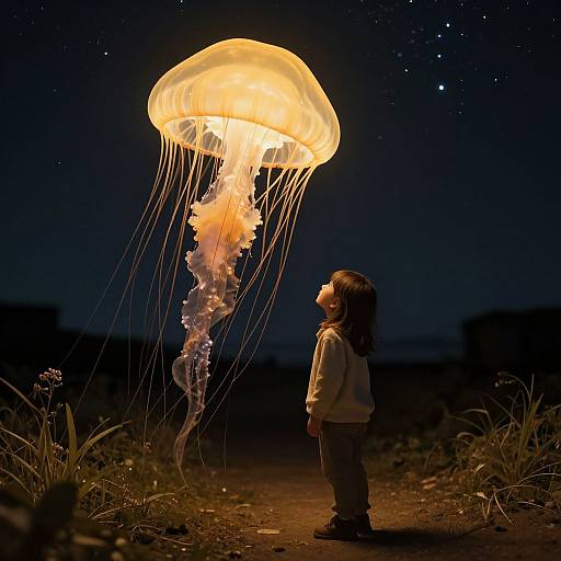 Photograph of a young girl with long brown hair, standing in a dark night landscape, gazing at a glowing yellow jellyfish with long, translucent