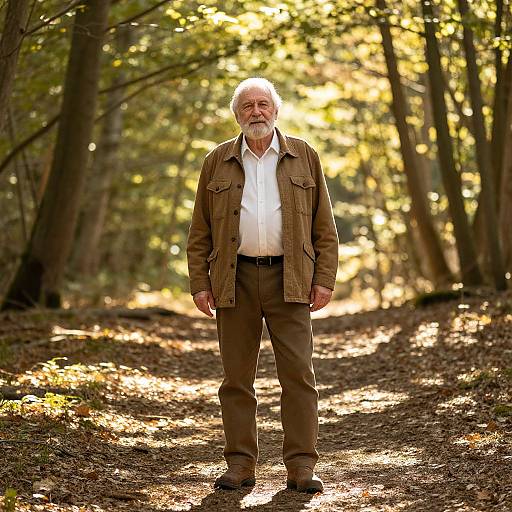 Elderly Man in Sunlit Forest Path