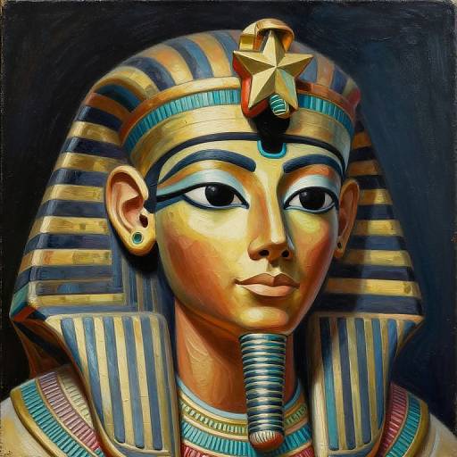 Digital painting of an Egyptian pharaoh mask with golden skin, striped blue and gold headdress, star headpiece, and black background.