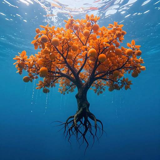 Photograph of an underwater tree with vibrant orange flowers and hanging spherical fruits, roots visible, set against a clear blue ocean background.