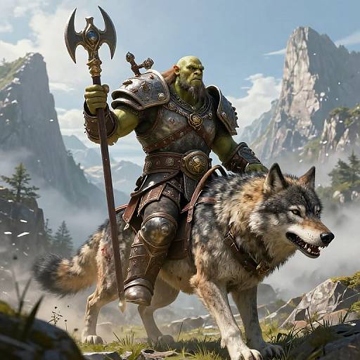 Digital artwork of a green-skinned orc warrior in medieval armor, holding a double-headed axe, standing beside a large, fierce wolf in a mountainous