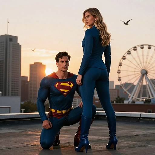 Superhero Couple on Rooftop at Sunset