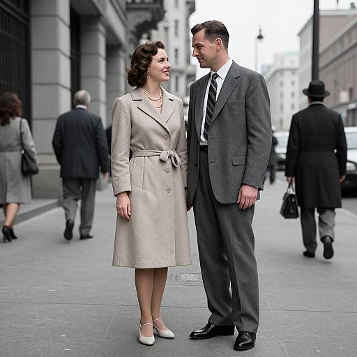 Photograph of a 1940s-style couple standing on a city street. She wears a beige coat dress and white shoes, he wears a gray