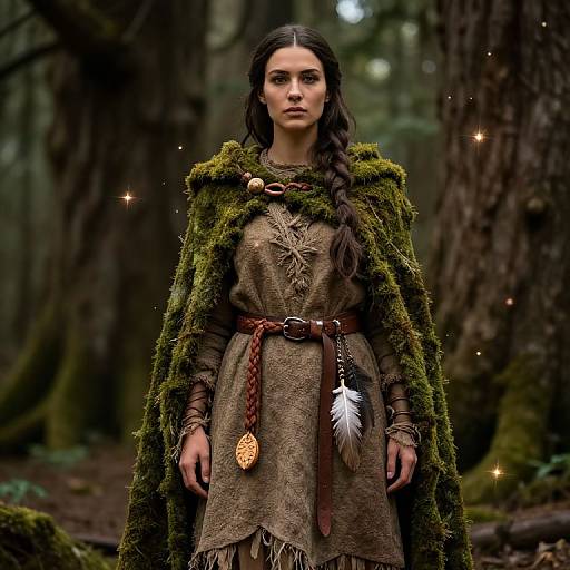 Photograph-style CGI of a serious, dark-haired woman in a mossy forest, wearing a brown, rustic dress with a green, moss-covered cape