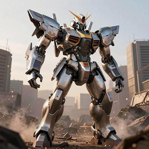 Photorealistic CGI of a silver and black robotic mecha standing in a ruined cityscape, sunlight illuminating its metallic armor.