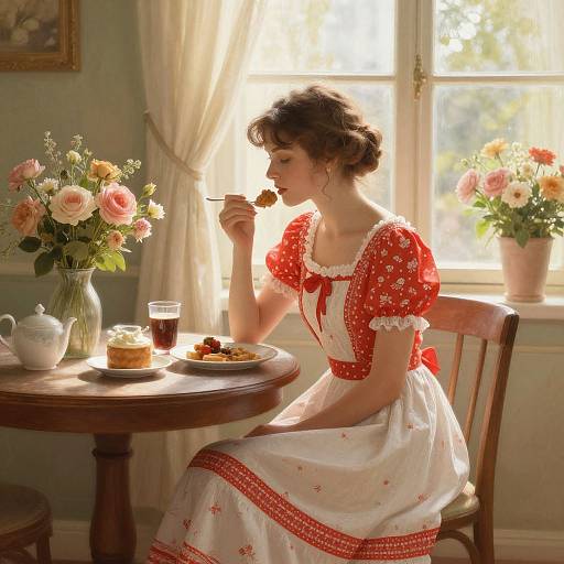 Photograph of a woman in a red and white floral dress, eating cake at a sunlit wooden table with flowers.